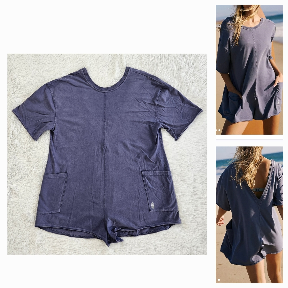 Free People Hot Shot Tee Romper blue Indigo XS